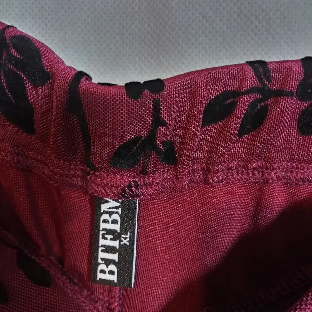 BTFBM Wine Red Velvet Floral Midi Skirt Dark Fem Size XL